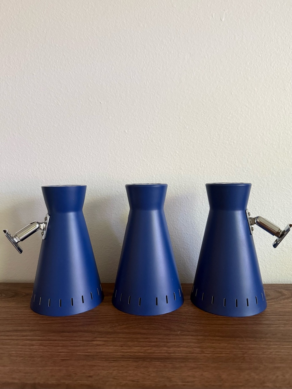 Vintage MCM Cobalt Blue Perforated Metal Cone Lamp Shades w/ Original Mounts